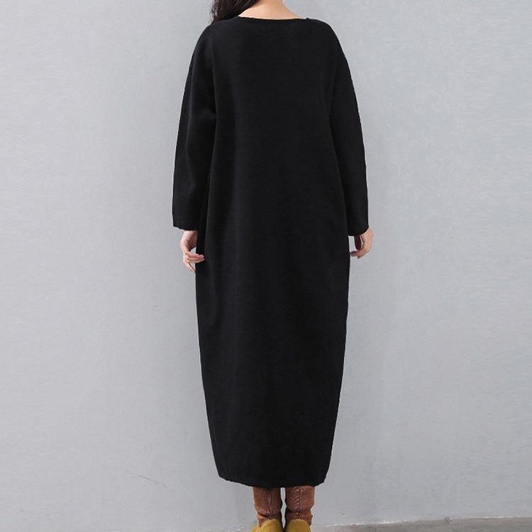 stylish black 2018 dress plus size V neck baggy traveling clothing casual long sleeve autumn dress - Omychic