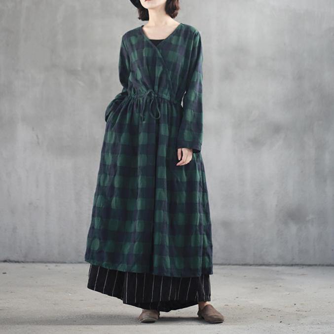 stylish black green plaid long linen dresses casual v neck fall dresses vintage front open linen caftans - Omychic