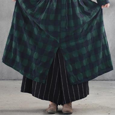 stylish black green plaid long linen dresses casual v neck fall dresses vintage front open linen caftans - Omychic
