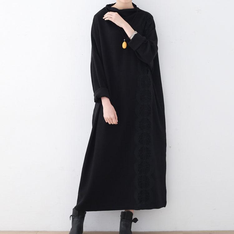 stylish black knit dress plus size clothing O neck lace pullover sweater Fine patchwork asymmetric dresses - Omychic