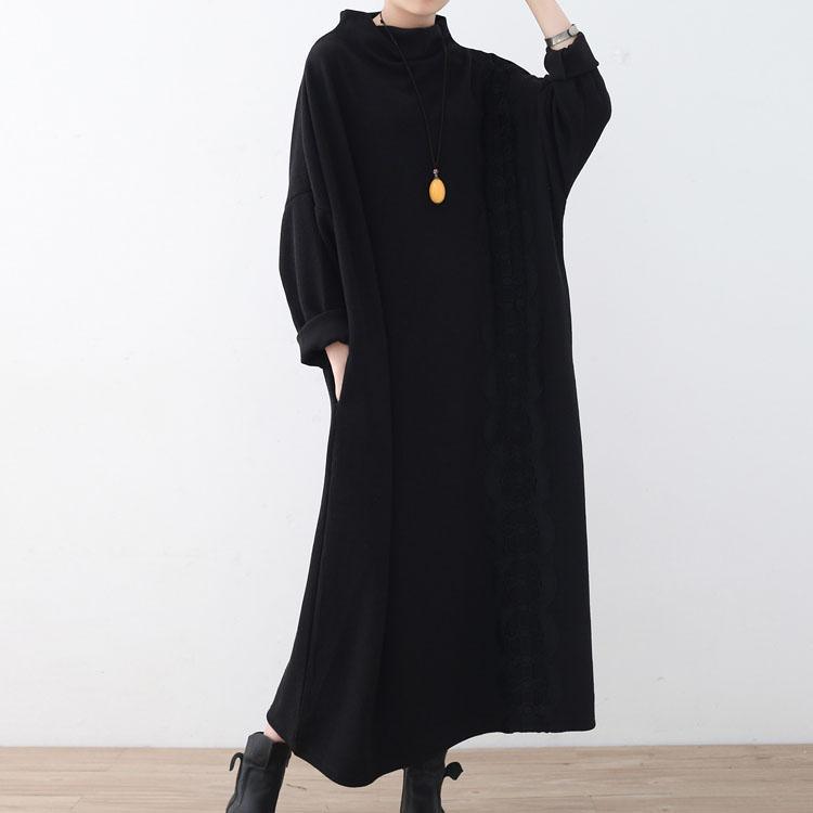 stylish black knit dress plus size clothing O neck lace pullover sweater Fine patchwork asymmetric dresses - Omychic