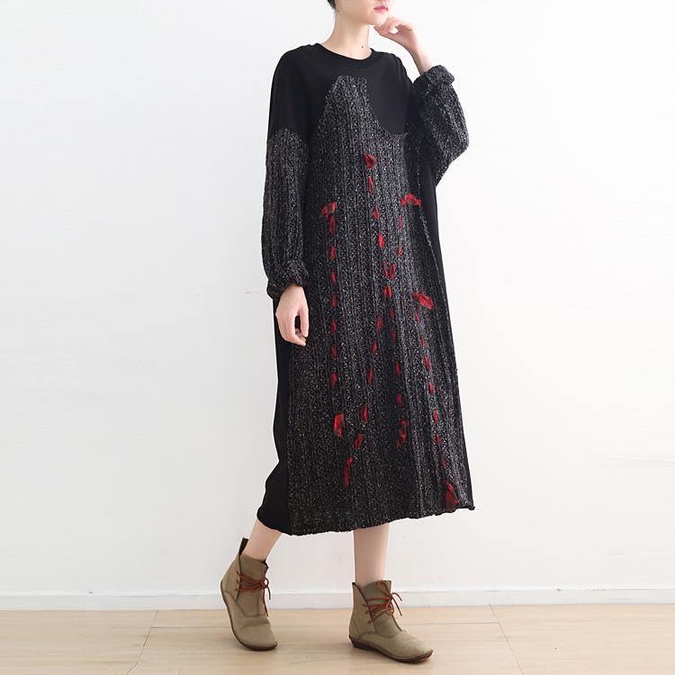 winter outfits black knit dress plus size clothing O neck winter dress Elegant patchwork sweater - Omychic