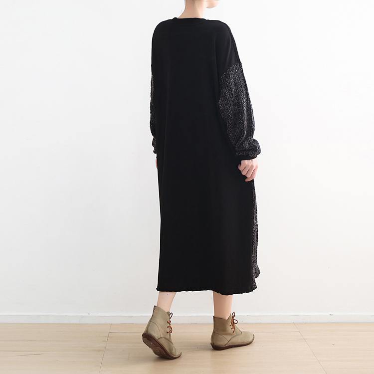 winter outfits black knit dress plus size clothing O neck winter dress Elegant patchwork sweater - Omychic