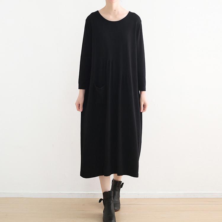 stylish black knit dresses casual o neck sweater vintage pockets winter dress - Omychic