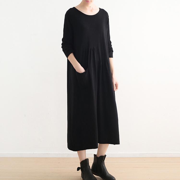 stylish black knit dresses casual o neck sweater vintage pockets winter dress - Omychic