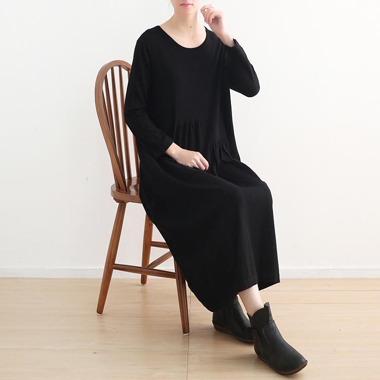 stylish black knit dresses casual o neck sweater vintage pockets winter dress - Omychic