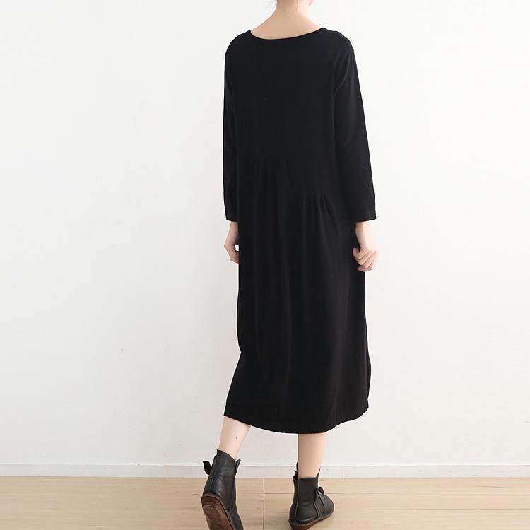 stylish black knit dresses casual o neck sweater vintage pockets winter dress - Omychic