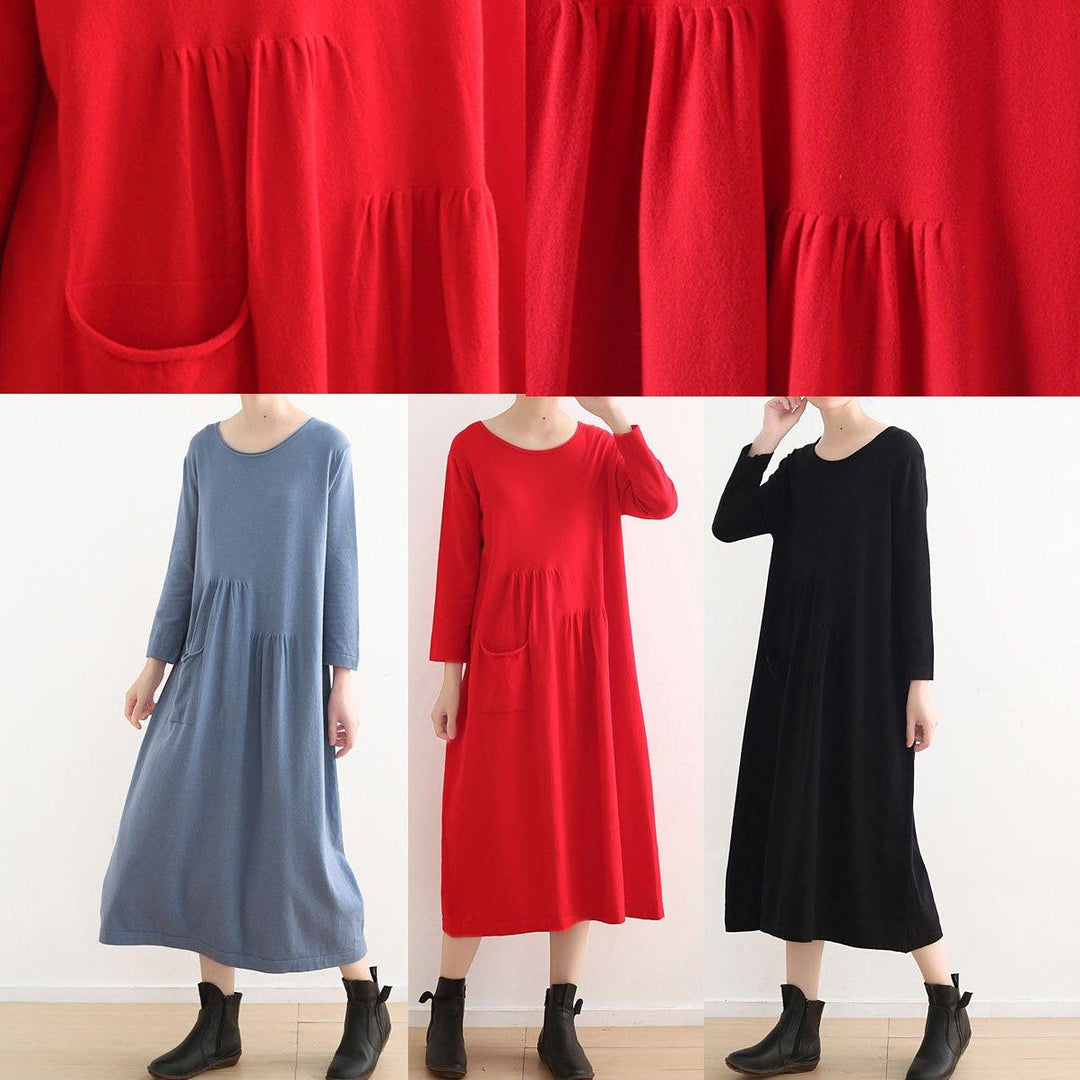 stylish black knit dresses casual o neck sweater vintage pockets winter dress - Omychic