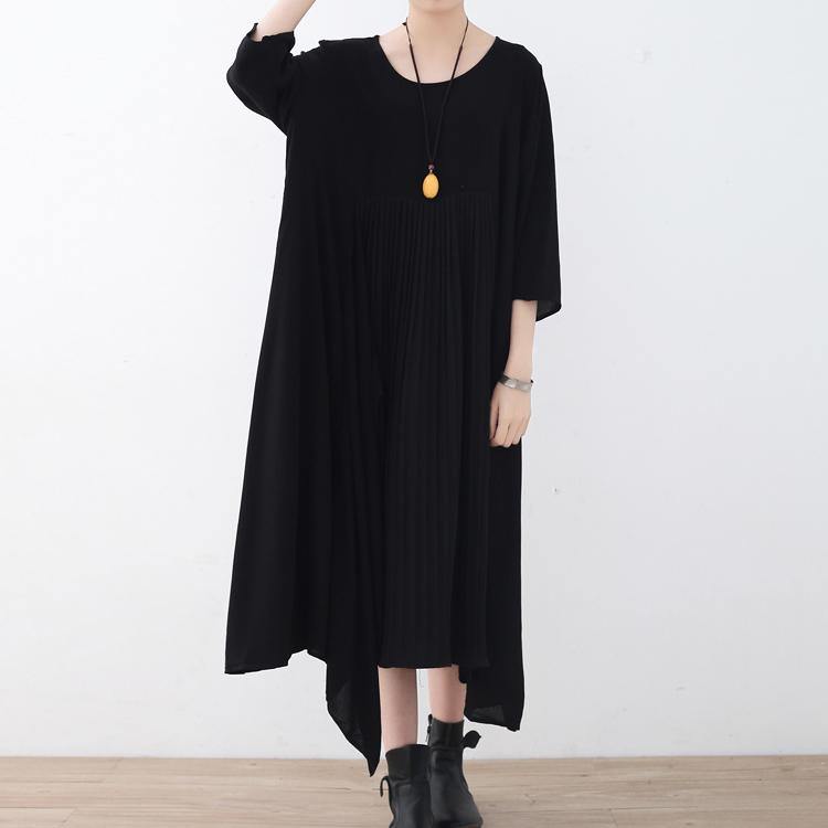 stylish black natural chiffon dress  plus size asymmetric hem caftans boutique o neck maxi dresses - Omychic