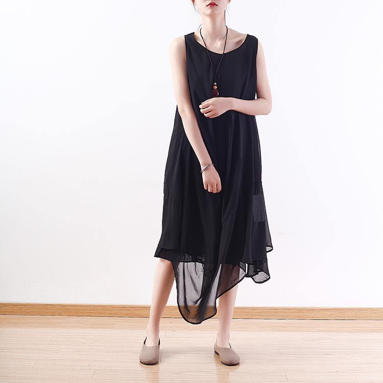 stylish black natural chiffon dress  plus size asymmetric hem chiffon maxi dress casual sleeveless caftans - Omychic