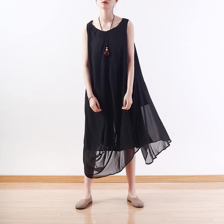 stylish black natural chiffon dress  plus size asymmetric hem chiffon maxi dress casual sleeveless caftans - Omychic