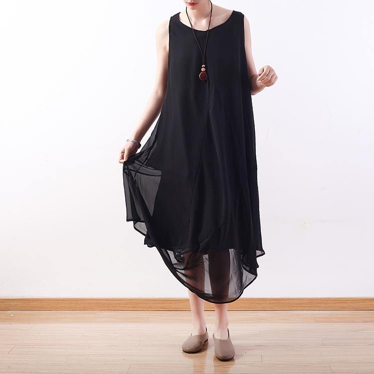 stylish black natural chiffon dress  plus size asymmetric hem chiffon maxi dress casual sleeveless caftans - Omychic