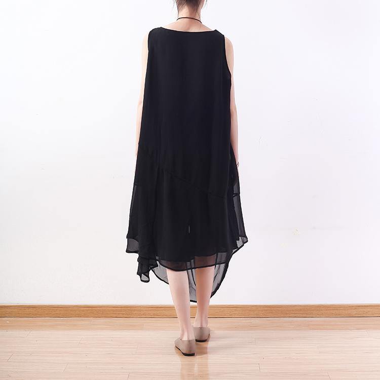 stylish black natural chiffon dress  plus size asymmetric hem chiffon maxi dress casual sleeveless caftans - Omychic