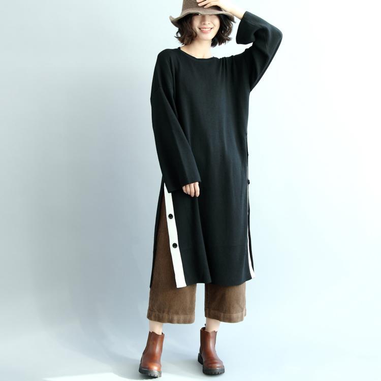 stylish black natural cotton dress plus size O neck traveling dress casual long sleeve side open maxi dresses - Omychic