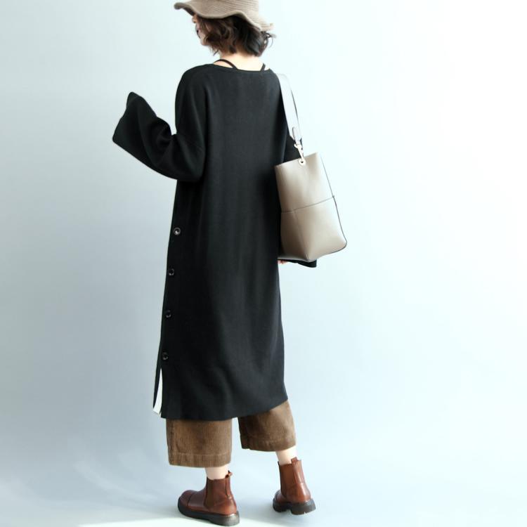stylish black natural cotton dress plus size O neck traveling dress casual long sleeve side open maxi dresses - Omychic