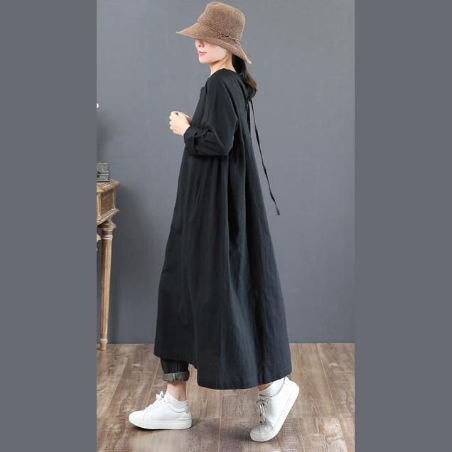 stylish black natural linen dress  casual o neck linen gown New long sleeve autumn dress - Omychic