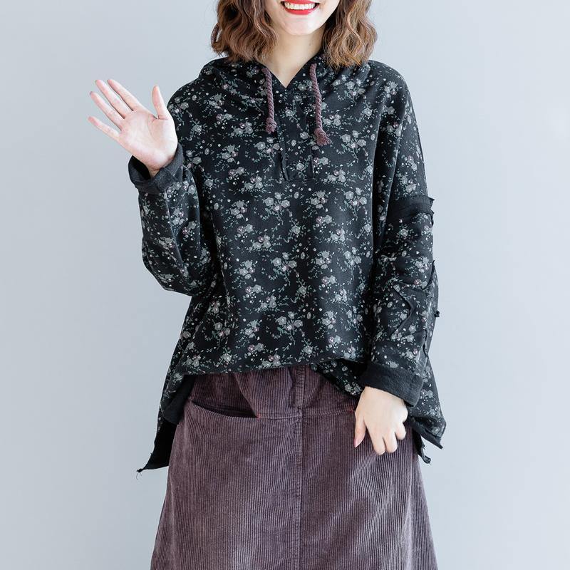 stylish black prints cotton blouse plus size clothing traveling blouse women side open hooded cotton shirts - Omychic