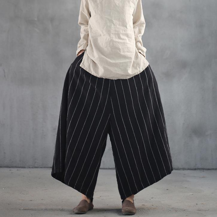 stylish black striped casual linen wide leg pants loose women big hem pants - Omychic
