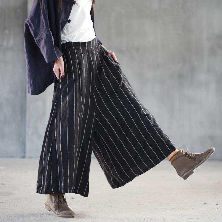 stylish black striped casual linen wide leg pants loose women big hem pants - Omychic