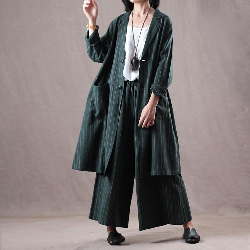 stylish blackish green  Midi-Light blouse trendy plus size linen clothing and women casual wide leg trousers - Omychic