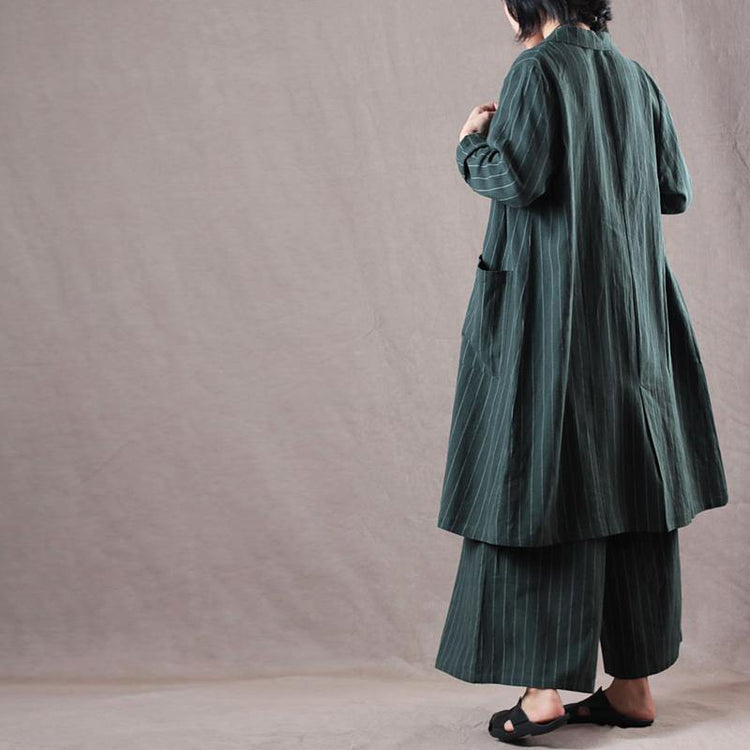 stylish blackish green  Midi-Light blouse trendy plus size linen clothing and women casual wide leg trousers - Omychic