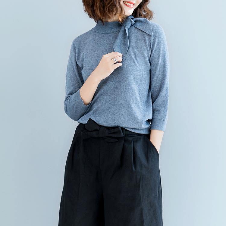 stylish blue  sweater oversized tie o neck knitted blouses Fine blouse - Omychic