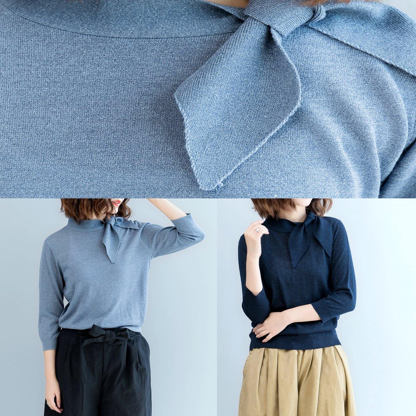 stylish blue  sweater oversized tie o neck knitted blouses Fine blouse - Omychic