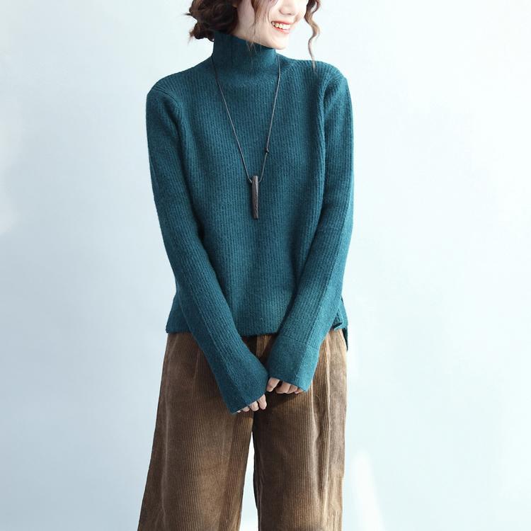 stylish blue knit sweaters Loose fitting high neck knitted blouses New side open top - Omychic