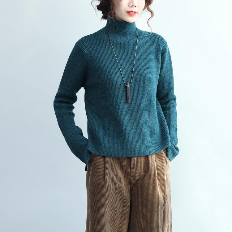 stylish blue knit sweaters Loose fitting high neck knitted blouses New side open top - Omychic