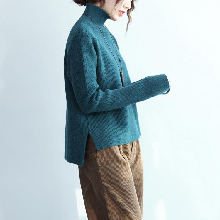 stylish blue knit sweaters Loose fitting high neck knitted blouses New side open top - Omychic