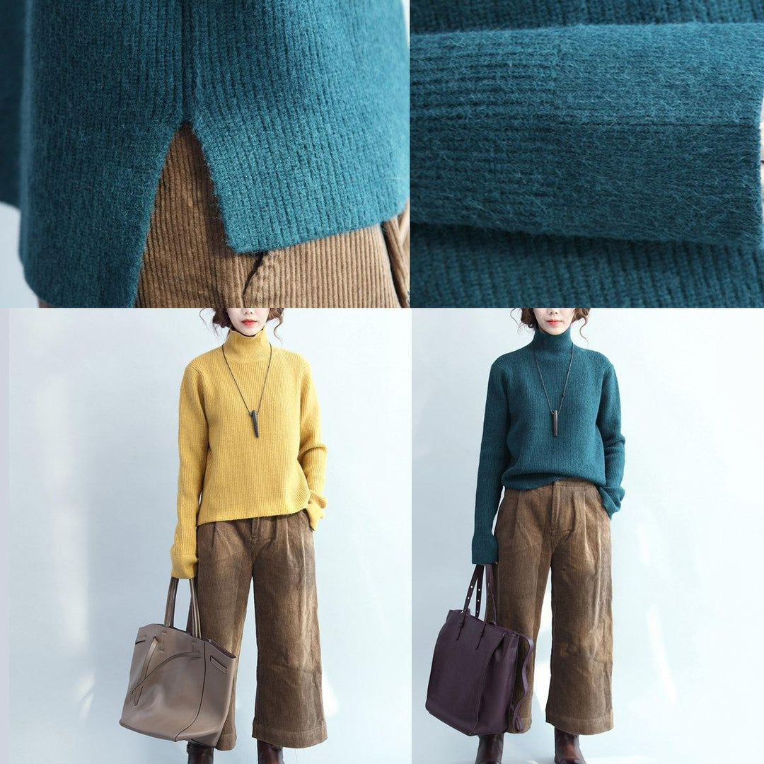 stylish blue knit sweaters Loose fitting high neck knitted blouses New side open top - Omychic