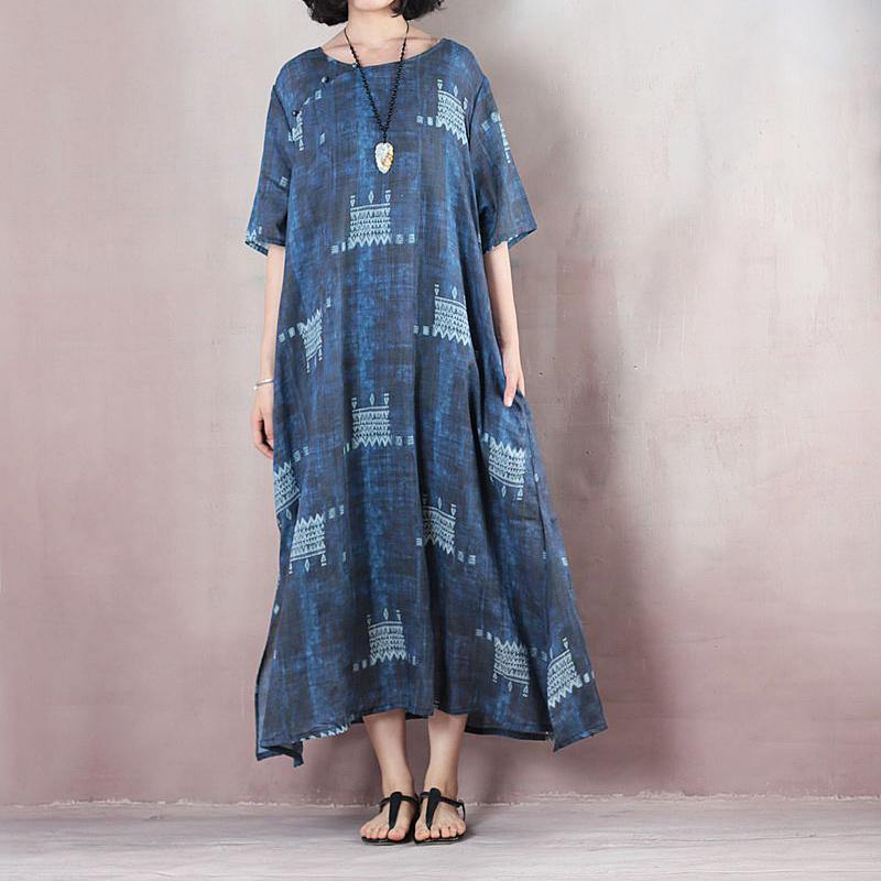 stylish blue linen dresses trendy plus size 2018 short sleeve baggy dresses caftans - Omychic