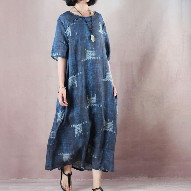 stylish blue linen dresses trendy plus size 2018 short sleeve baggy dresses caftans - Omychic