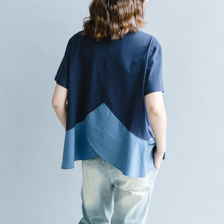 stylish blue patchwork cotton pullover oversized linen clothing blouses vintage short sleeve O neck patchwork cotton clothing t shirt - Omychic
