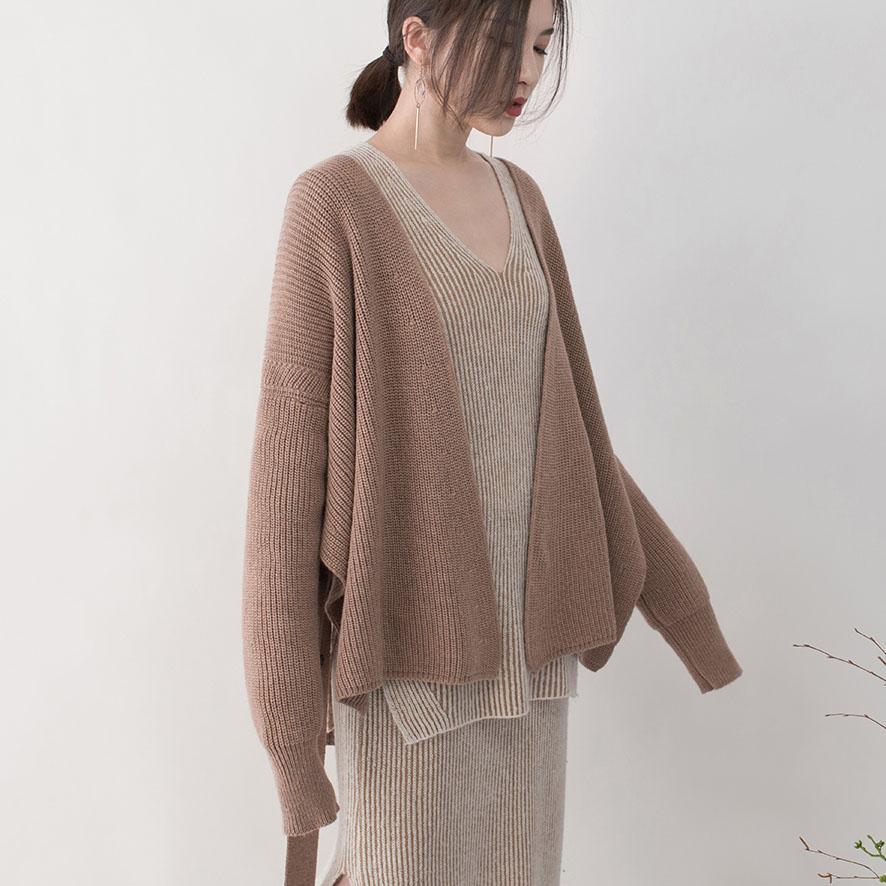 stylish brown knit sweaters Loose fitting v neck pullover 2018 tie waist winter sweaters - Omychic