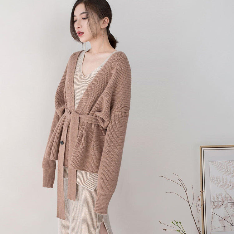 stylish brown knit sweaters Loose fitting v neck pullover 2018 tie waist winter sweaters - Omychic