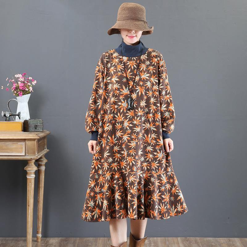 stylish brown prints  natural cotton dress  trendy plus size traveling dress stand collar top quality patchwork cotton clothing dress - Omychic