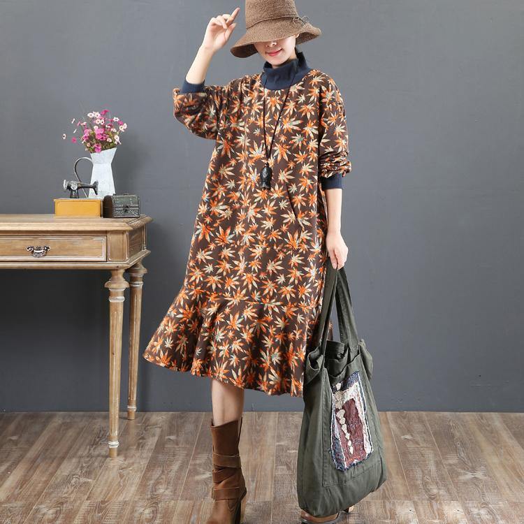 stylish brown prints  natural cotton dress  trendy plus size traveling dress stand collar top quality patchwork cotton clothing dress - Omychic