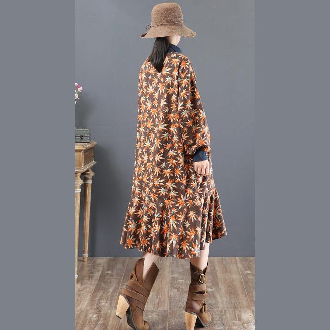 stylish brown prints  natural cotton dress  trendy plus size traveling dress stand collar top quality patchwork cotton clothing dress - Omychic