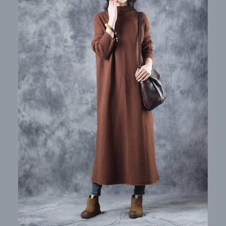 stylish brown sweater dress Loose fitting high neck pullover Elegant back side open sweater - Omychic