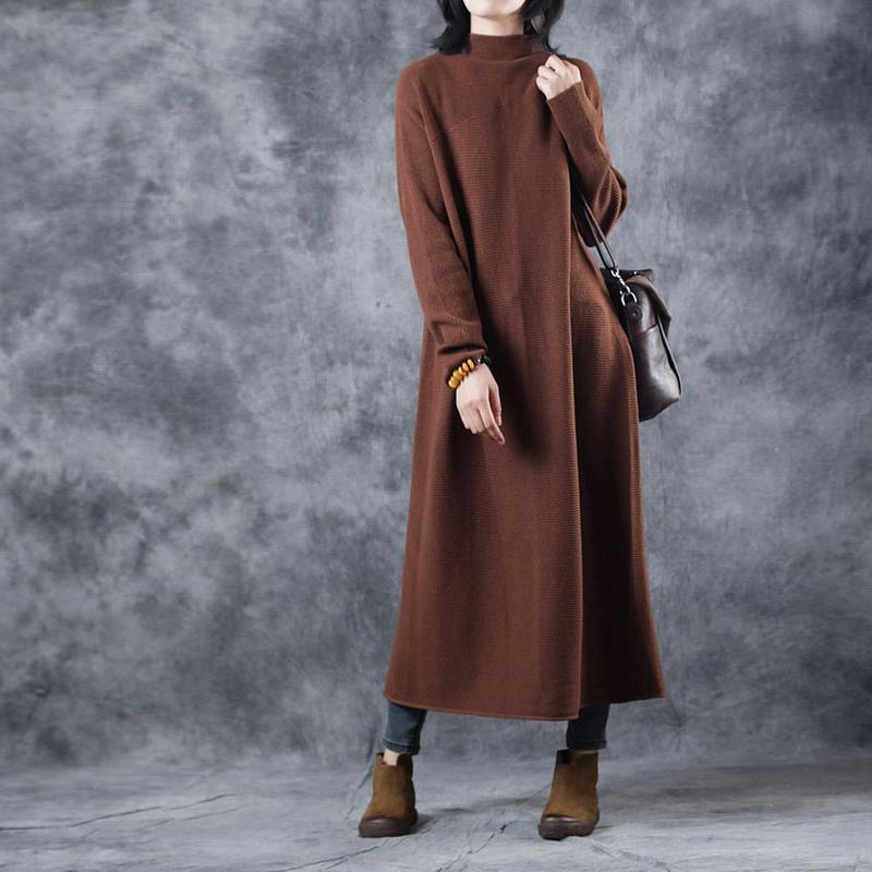 stylish brown sweater dress Loose fitting high neck pullover Elegant back side open sweater - Omychic