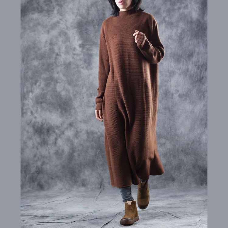 stylish brown sweater dress Loose fitting high neck pullover Elegant back side open sweater - Omychic