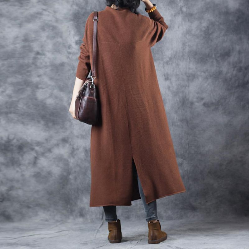 stylish brown sweater dress Loose fitting high neck pullover Elegant back side open sweater - Omychic