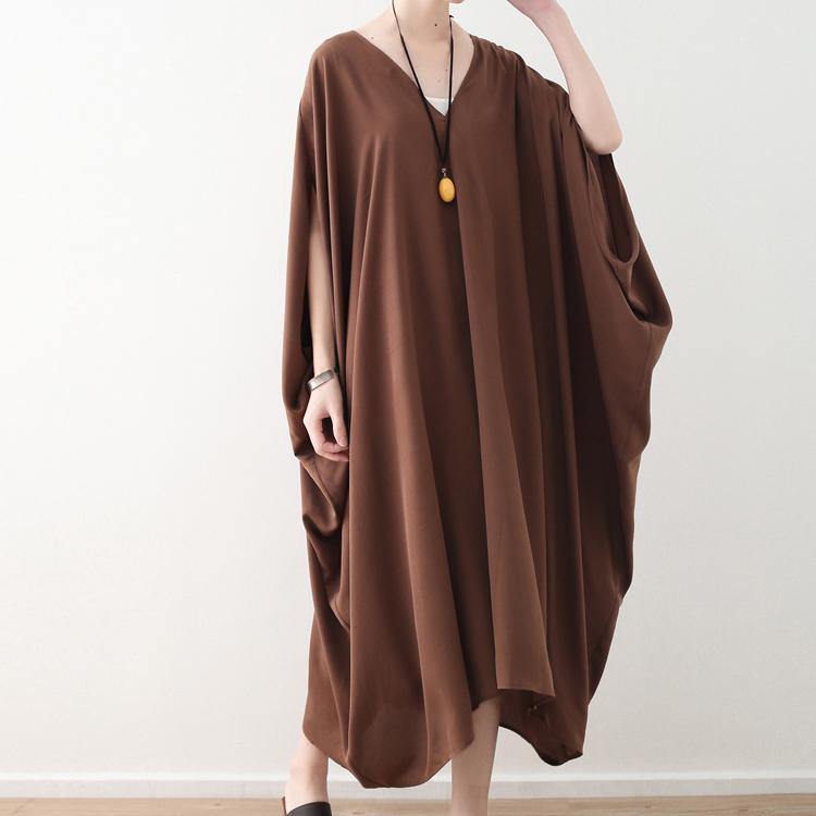 stylish chocolate chiffon maxi dress casual v neck traveling clothing Fine batwing sleeve kaftans - Omychic