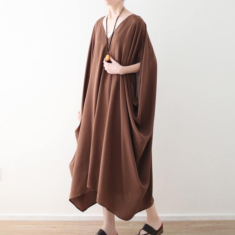 stylish chocolate chiffon maxi dress casual v neck traveling clothing Fine batwing sleeve kaftans - Omychic