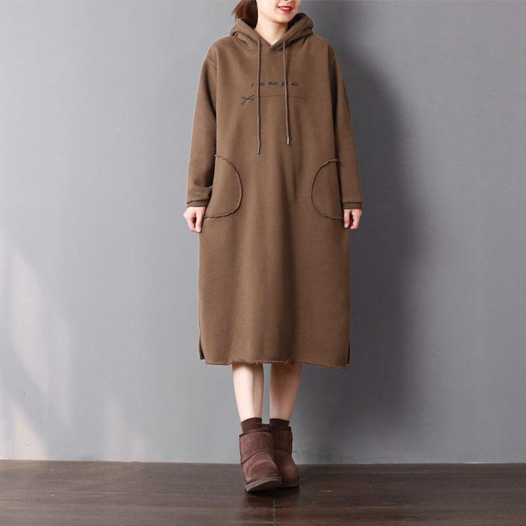 stylish chocolate cotton plus size cotton gown hooded drawstring traveling clothing pockets long dresses - Omychic