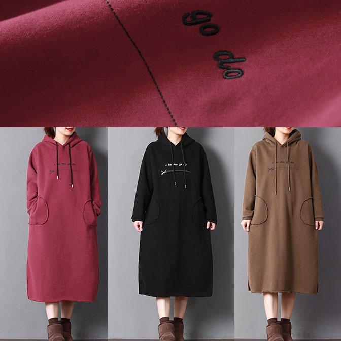 stylish chocolate cotton plus size cotton gown hooded drawstring traveling clothing pockets long dresses - Omychic