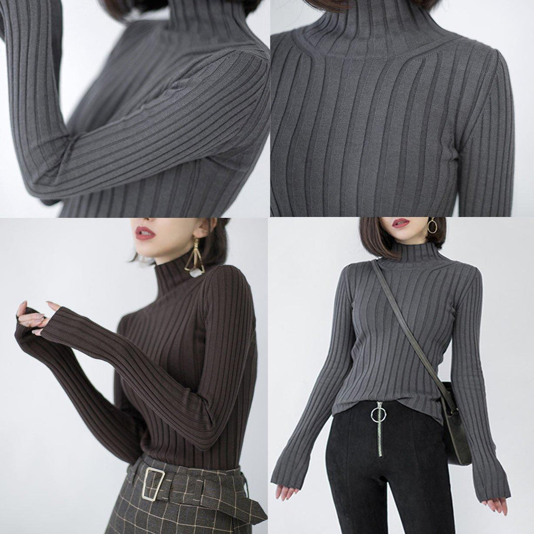 stylish chocolate sweaters oversize high neck knitted blouses Fine side open blouse - Omychic