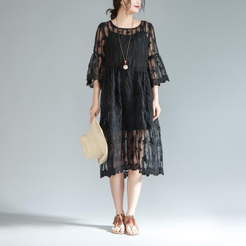 stylish cotton blended summer dress oversize Women Round Neck Three Quarter Sleeve Black Dress - Omychic