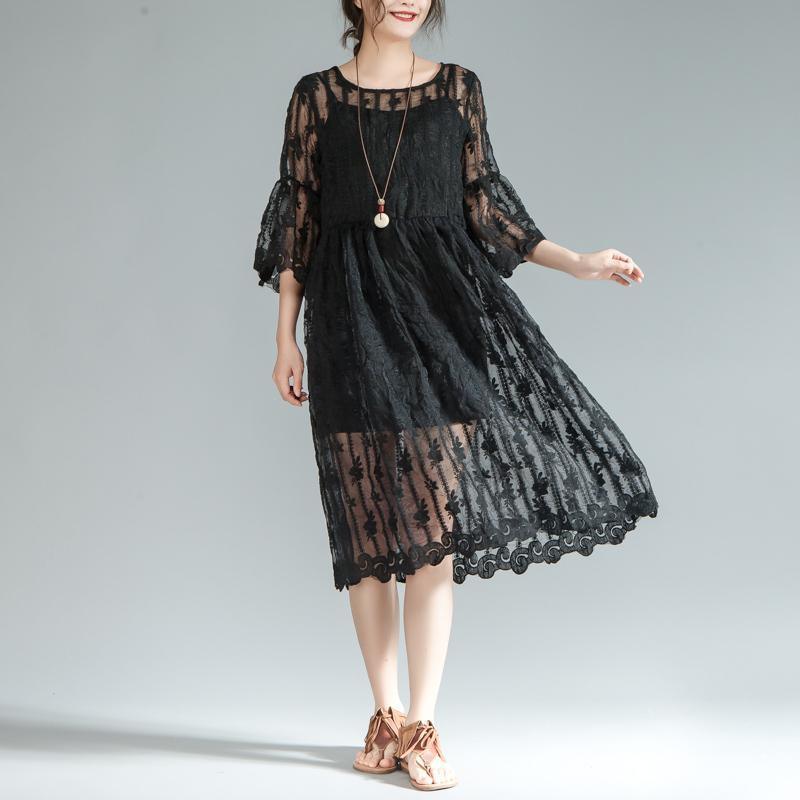 stylish cotton blended summer dress oversize Women Round Neck Three Quarter Sleeve Black Dress - Omychic